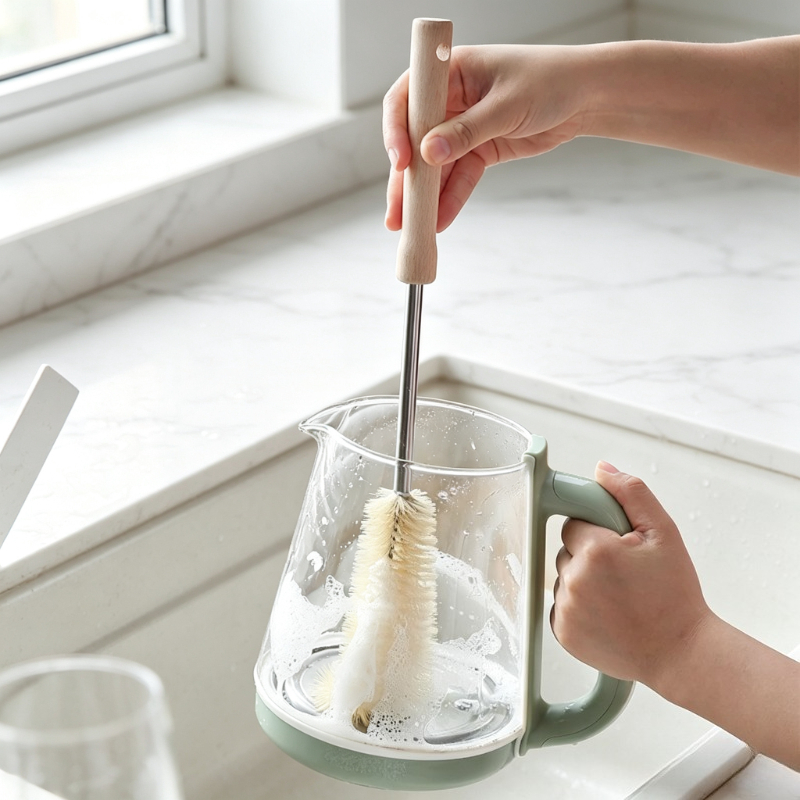 Commercial Kitchen Cleaning - فرشاة تنظيف الزجاجات بمقبض خشبي طويل،
